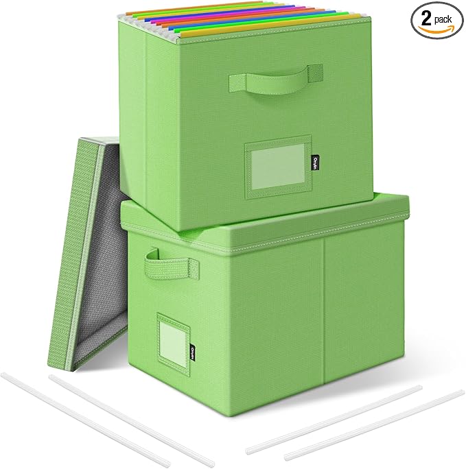 File Organizer Boxes with Lid, Linen Hanging File Storage Boxes with Handle, Collapsible Document Filling Boxes for Letter/Le
