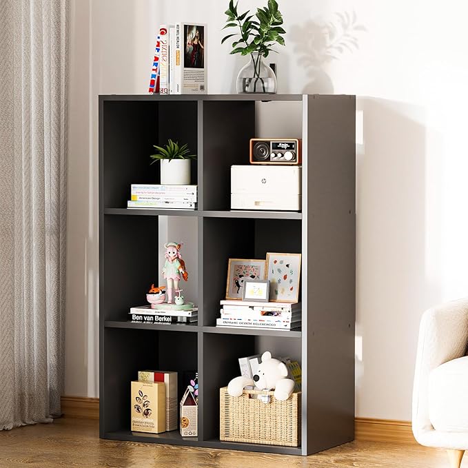 COMHOMA 6 Wood Cube Storage Organizer with Open Back and Removable Back Panels, 11In Black Cube Storage Bookshelf, Cubicle Sh