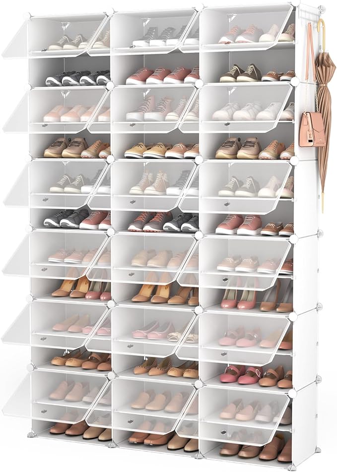 ROJASOP Portable Shoe Rack Organizer with Door, 72 Pairs White Shoe Storage Cabine Covered Shoe Rack Shoe Organizer for Close