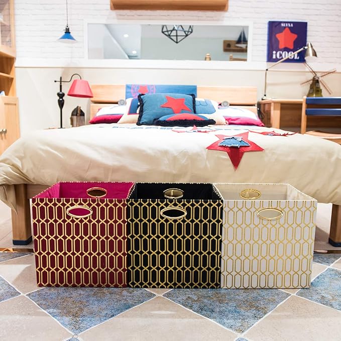 Posprica Storage Bins, Storage Cubes,13×13 Fabric Drawers Organizer Basket Boxes Containers (13×13×13/4pcs, Cream/gold geomet