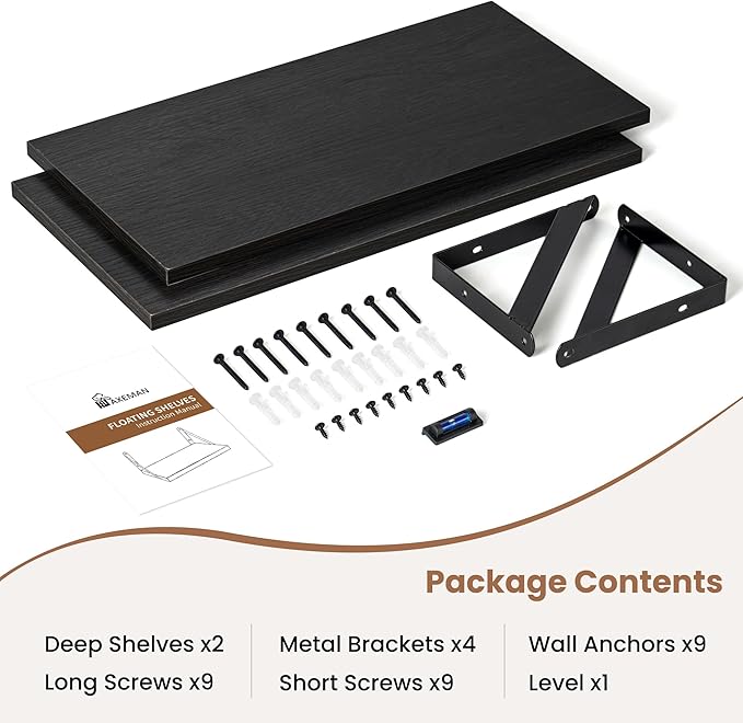 Axeman Floating Shelves for Wall, 16W x 8D Black Floating Shelves Set of 2, 8 Inch Deep Wall Mounted Shelves for Bookshelf Li