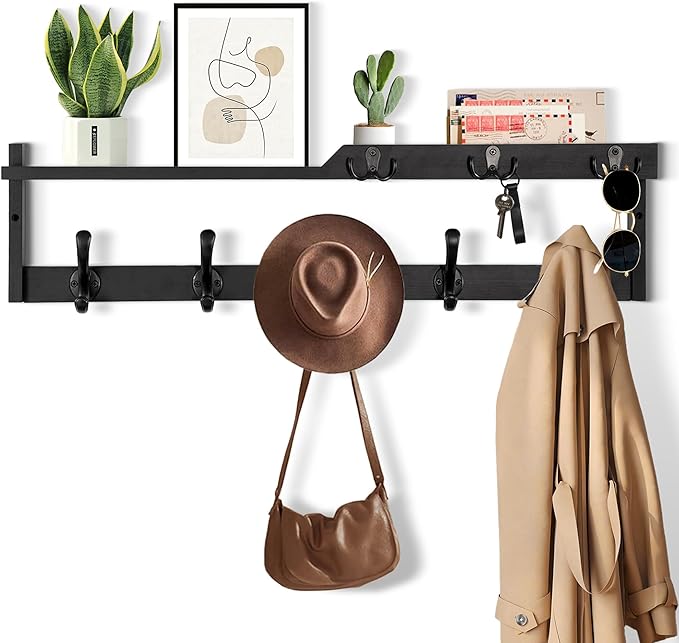 29'' Coat Rack Wall Mount with Shelf, Coat Hanger Wall Mount with Key Hooks and Mail Holder, Wood Entryway Floating Shelf wit