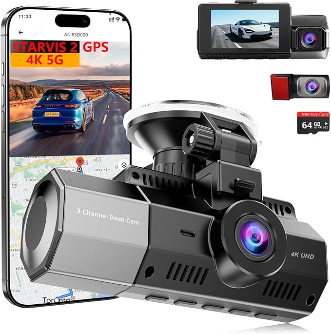 4K+2.5K+2.5K Dash Cam, STARVIS 2 Sensor, Dash Camera 3-Channel, Free 64GB Card, Dashcam with 5G WiFi GPS, G-Sensor,Loop Recor