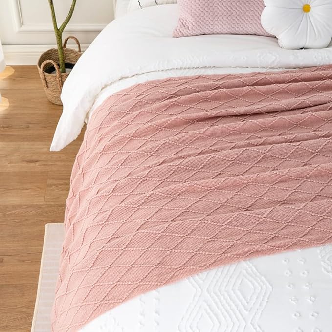 BATTILO HOME Blush Throw Blanket with Tassels, Pink Knit Blanket for Home Decor, Boho Style Textured Knitted Decorative Twin 