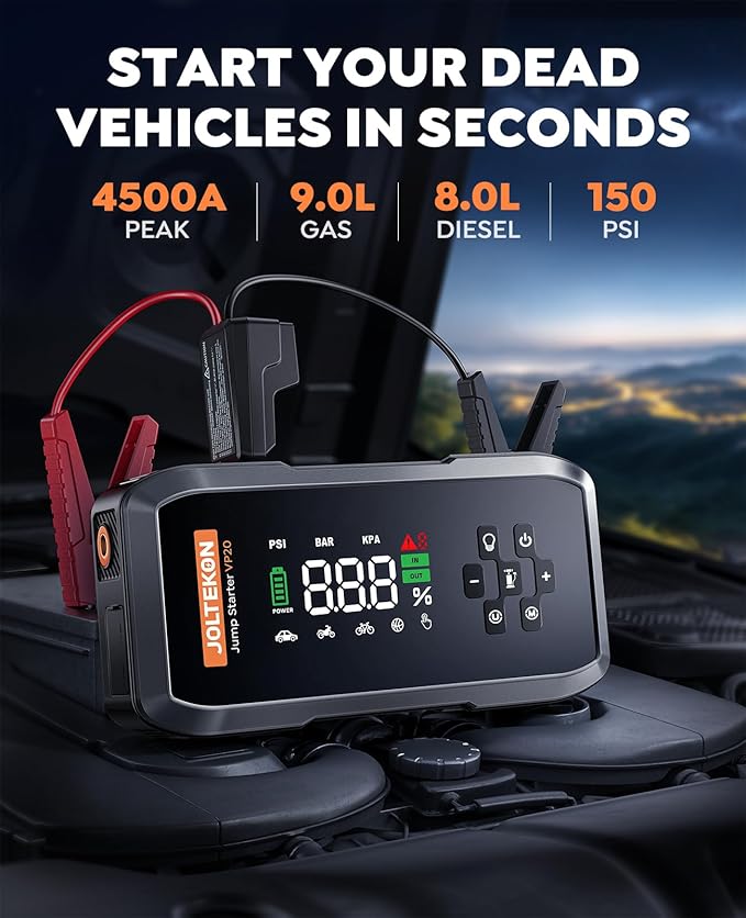 Car Battery Jump Starter with Air Compressor 4500A Powerful Battery Jumper Starter Portable with 150PSI Auto-Pause Pump 12V