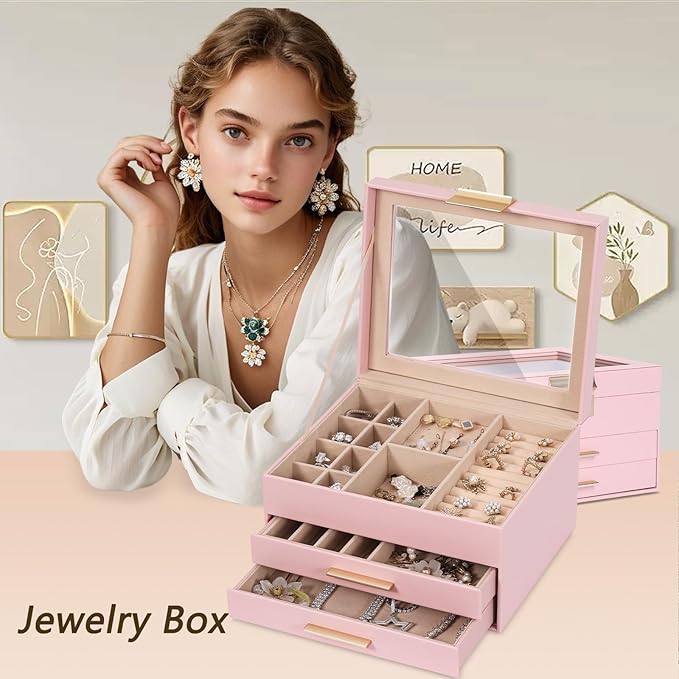 3-Layer Jewelry Box for Women, Jewelry Organizer with Glass Lid and Drawers, Jewelry Organizers and Storage for Necklaces, Ri