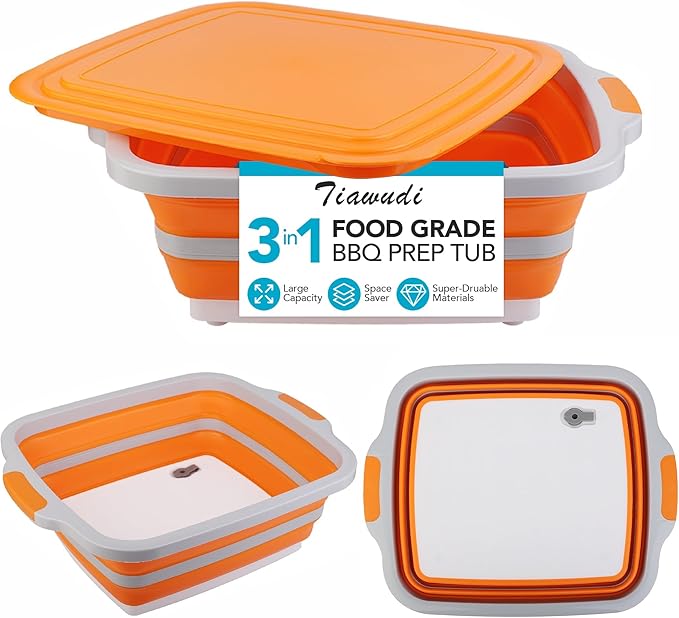 Tiawudi Large Collapsible BBQ Prep Tub with Lid(4.22 Gal/16L), Foldable Camping Sink with Colander, Cutting Board, Dish Basin