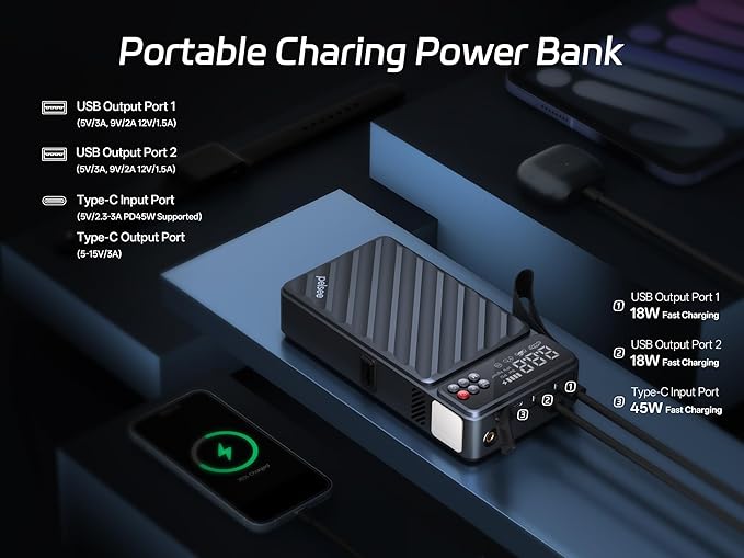 Pelsee 3500A Jump Starter with Air Compressor, 20000mAh Portable Car Battery Jump Starter, 45W Fast Charge, 12V Battery