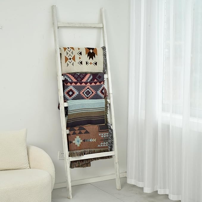 FUIN 6.4ft Extra Wide Wooden Blanket Ladder Living Room Decorative Wal Leaning Farmhouse Quilt Display Holder Rustic Wood Tow
