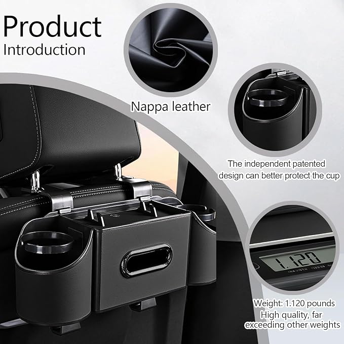 Back Seat Car Organizer,4 in 1 Multifunctional Car Back Seat Storage Box with Drink Cup Holder Tissue Box, for Hold Phone,Snacks, Drinks, Handbag-Black