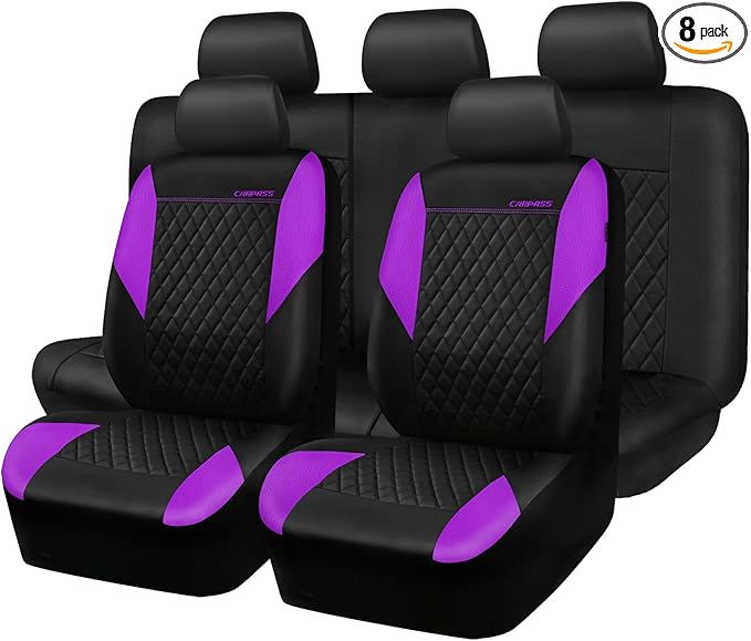 CAR PASS Purple Leather Seat Covers, Quilting Pretty Car Seat Cover with 5mm Composite Sponge Inside,Airbag Compatible,Univer