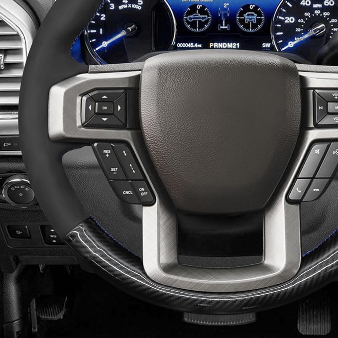 MEWANT DIY Black Athsuede Shiny PU Carbon Fiber Steering Wheel Cover for Ford F150 F250 F350 F450 Expedition 2018-2021