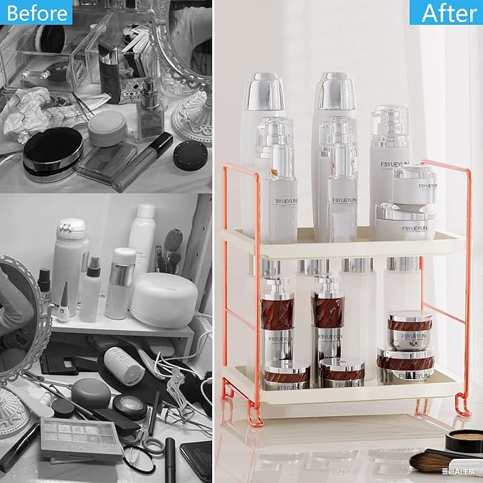FSyueyun 2-Tier Bathroom Countertop Organizer, Tool-Less Installation Premium Plastics Makeup Shelf Organizer Perfume Skincar
