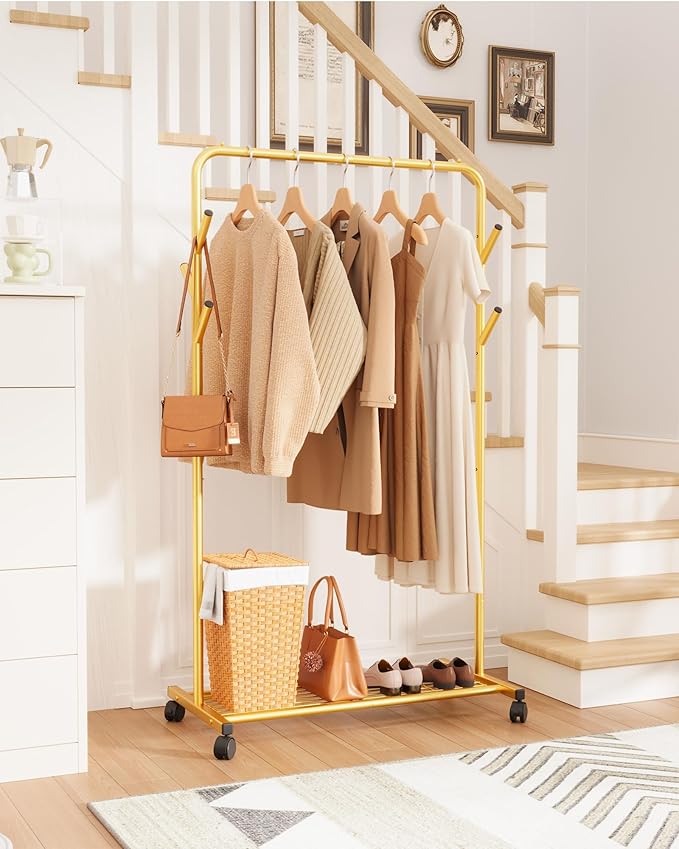 Sakugi Clothes Rack - Metal Coat Rack with Bottom Shelf, Portable Wardrobe Rack with 6 Side Rods, Rolling Clothing Rack for H