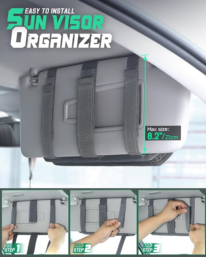 LIVANS Tactical Car Sun Visor Organizer, Automotive Semi-Rigid MOLLE Panel with Zipper Storage Pouch & Glasses Clip, Universal Fit for Trucks, SUVs, Jeeps & Patrol Vehicles (Gray)