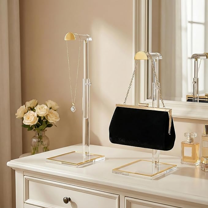 2 Pack Acrylic Handbag Display Stand, Gold Trim Clear Purse Holder 14"-24" Adjustable Height Thicken Anti-slip Base, Purse Ra