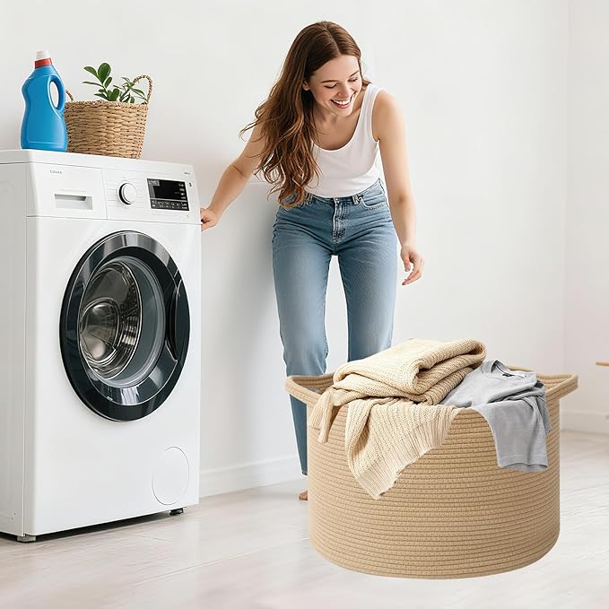 65L Extra Large Woven Cotton Rope Blanket Basket with Handles, Laundry Hamper Storage Bin for Pillows, Comforters,Clothes, To