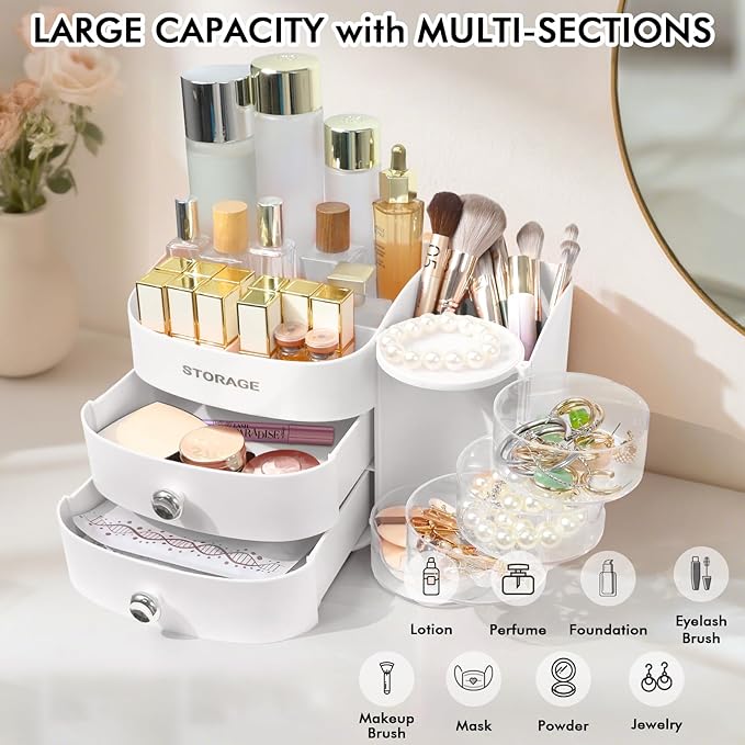 Makeup Organizer Countertop with Drawers, Make up Organizers for Vanity, Skincare Jewelry Earring Organizers, Cosmetic Displa