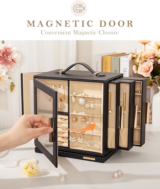 Homde Jewelry Box for Women Large: Rotating Organizer for Ring Earring Necklace Bracelet - 7 Drawers Storage for Dresser (Bla