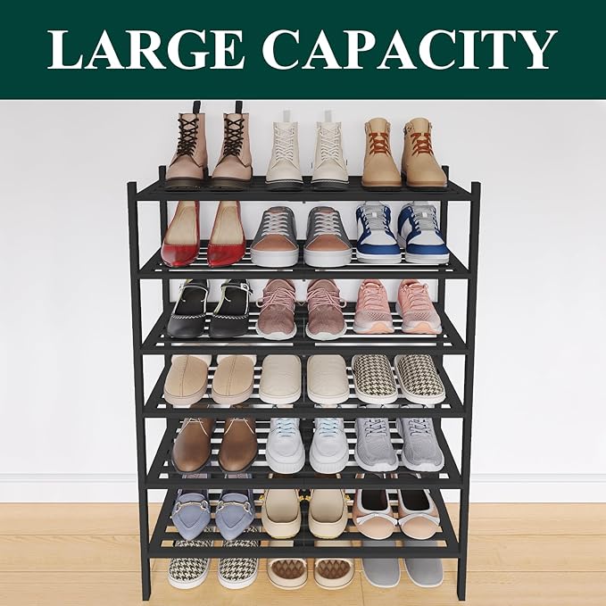 Smiry Bamboo Shoe Rack 6-Tier, Stackable Wooden Shoe Organizer for Entryway & Closet, Free Standing Wood Shoe Storage Shelf f