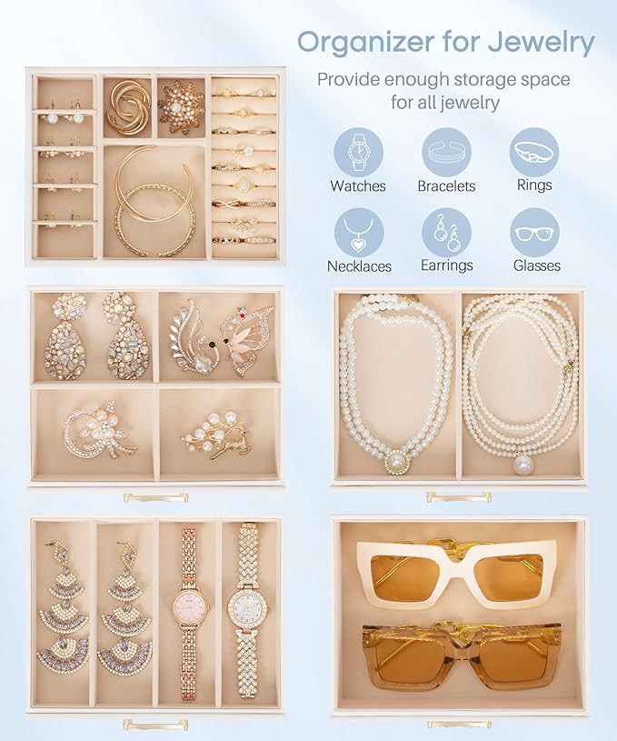 Enthralite Jewelry Box with 4 Drawers: Display Organizer for Earrings Necklaces - Christmas Gifts for Girls Women (White)