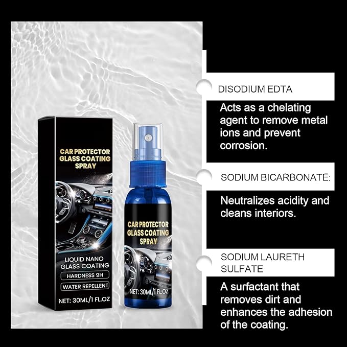 Car Protector Glass Coating Spray, Liquid Nano Formula, 9H Hardness, Water Repellent, 1 fl oz, with Multifunctional Wipe Clot