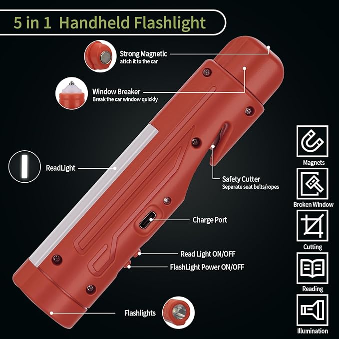 KnLnny Ware Automotive Escape Tool, Window Breaker,Seatbelt Cutter, Car Flashlight, 5 in1 Auto Tactical Gear, USB Charging, M