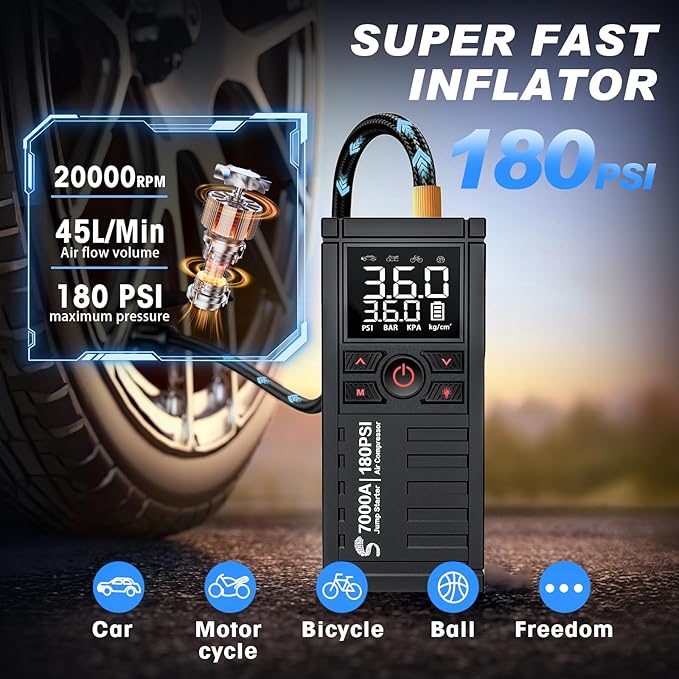 Jump Starter with Air Compressor, 7000A 180PSI Car Battery Jump Starter Jump Box (All Gas/10.0L Diesel), Battery Jumper