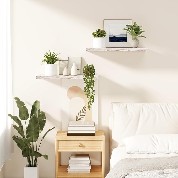 Vivelove Elm Floating Shelves for Wall Solid Wood, 24 Inches Long Rustic Wall Shelf with Invisible Bracket for Living Room Be