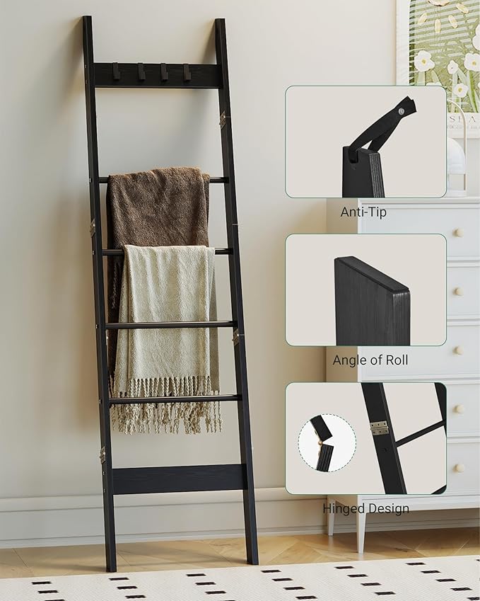 Hzuaneri Blanket Ladder for Living Room, Decorative Quilt Rack with 4 Removable Hooks, 6-Tier Farmhouse Ladder Holder Shelf O