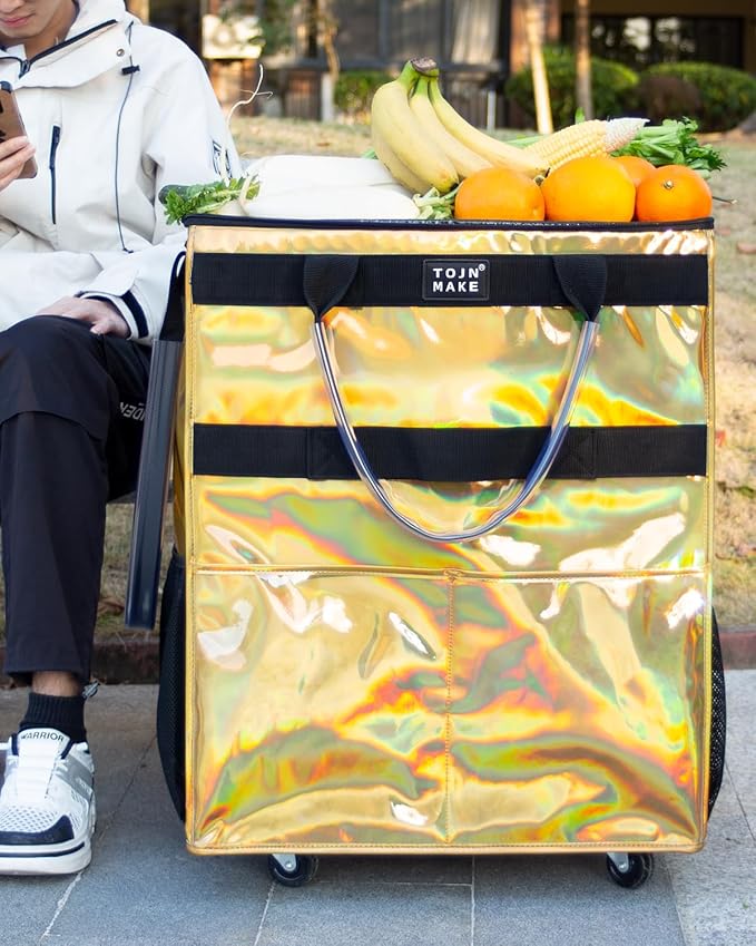 Reusable Grocery Bag with Wheels (Large, Glitter Gold), Rolling Shopping Bag with 8 Pockets and Zipper Cover Foldable Rolling Tote for Women, Travel, Garden, Carries Up to 76LBS