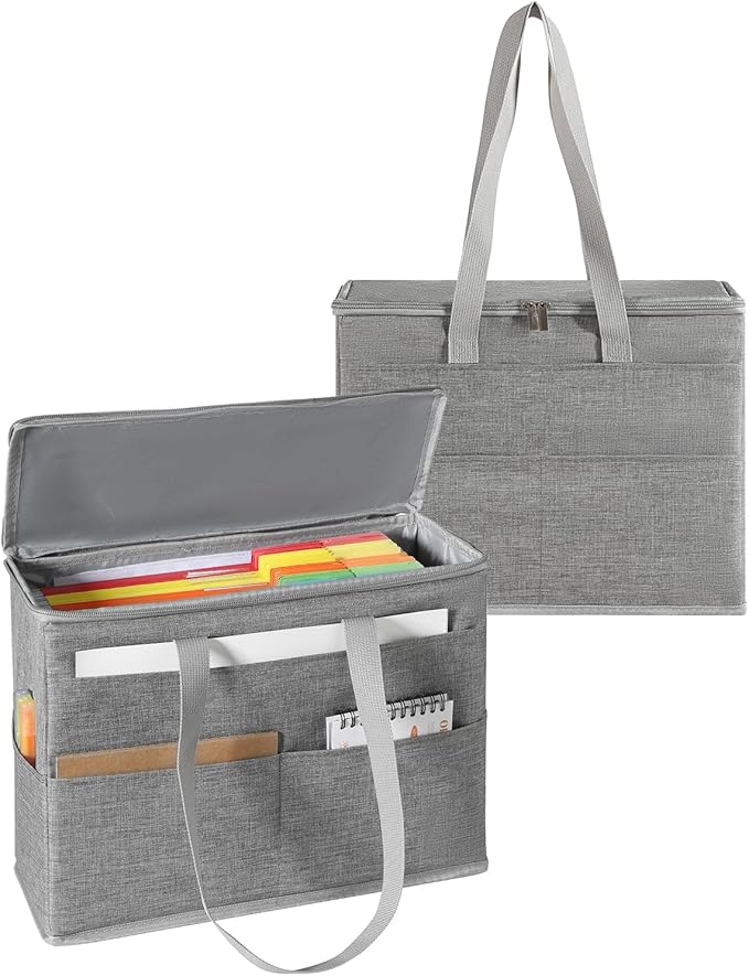 Qozary 2 Pack File Folder Organizer Box-Hanging File Tote Bag With Lids, Collapsible Portable Filing Organizer Box With Handl