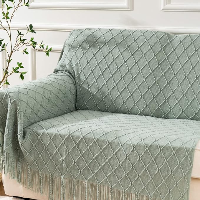 BATTILO HOME Sage Green Throw Blanket for Couch, Boho Bed Throws Blanket, Spring Decorative Light Blue Throw Blanket for Sofa