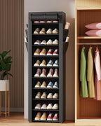 Kitsure Shoe Rack - 10-Tier Large Capacity Shoe Organizer Shelf with Dust Cover & Side Pockets, Rust-Proof Metal Shoe Rack fo