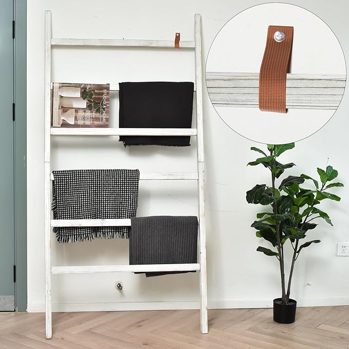 FUIN Extra Wide 6.4ft Wooden Blanket Ladder Living Room Decorative Wal Leaning Farmhouse Quilt Display Holder Rustic Wood Tow