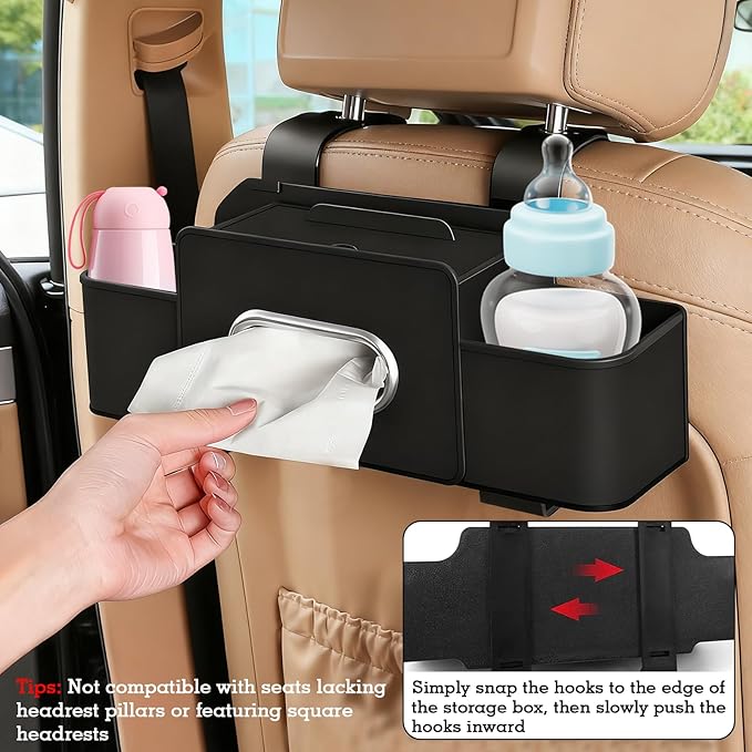 4-in-1 Back Seat Car Organizer, Upgraded Multifunctional Car Storage Box, Hanging Back Seat Storage Organizer, Partition Design, with Phone Holder, Tissue Box, 2 Cup Holders, 2 Hooks