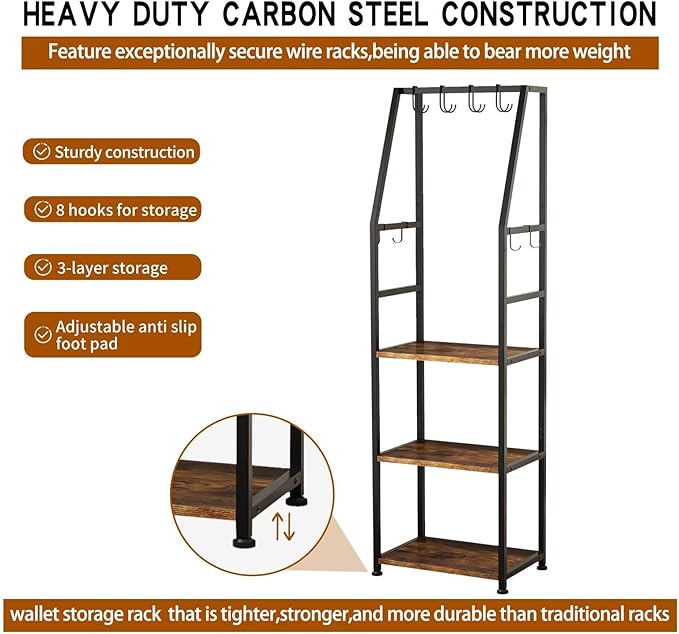 3-Tier Purse Stand Handbag Organizer, Hall Tree for Entryway Steel Frame, with 8 Removable Hooks，Clothes Rack Stand Organizer