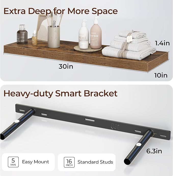 Fun Memories Floating Shelves for Wall 30 Inch Set of 3, Farmhouse Floating Shelves with Invisible Heavy Duty Bracket, 10 Inc