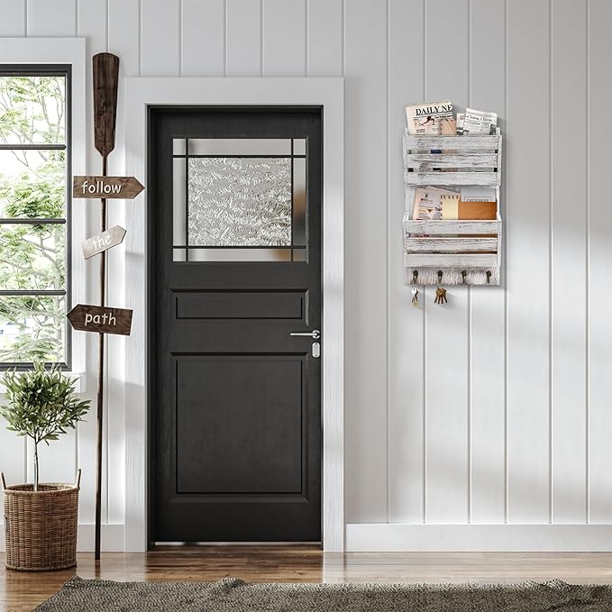 Mail Organizer Wall Mount with 4 Key Hooks, Rustic Wooden Hanging Mail Sorter Farmhouse Key Holder for Wall Decoration, 2-Slo