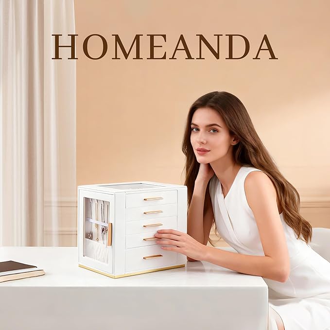 Homeanda Jewelry Box for Women with Glass Lid, 5 Drawers Jewelry Organizer and Storage for Necklaces, Rings, Earrings, Bracel