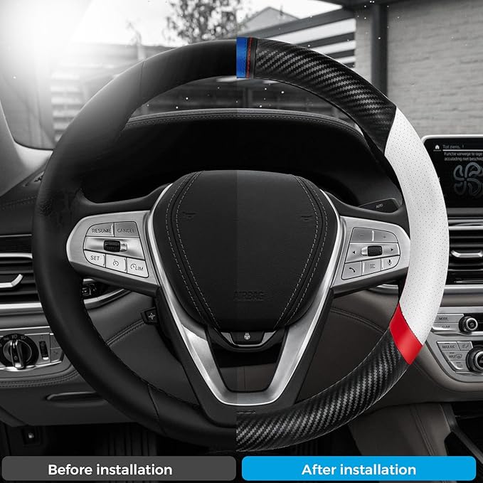 Carbon Fiber Steering Wheel Cover, Non-Slip and Sweat Absorbent, 15" Steering Wheel Covers for X5 X3 Men Women, Black (White&Black Sport Edition)
