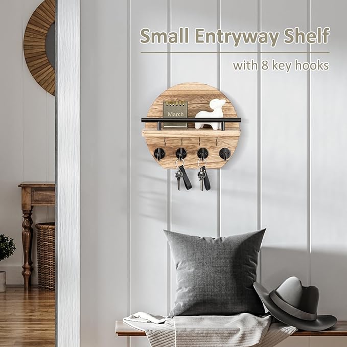 Nekon Key Holder for Wall - 9.8 Inch Apartment Wall Decor with Shelf and 8 Key Hooks, Circular Wood Key Hanger for Home Decor