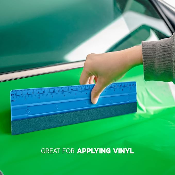 FOSHIO 12 Inch Felt Squeegee for Vinyl wtih Ruler 30CM 4 Round Corners Universal Card, Window Tint Film Installing Hard Blue PP Car Vinyl Wrap Scraper Tool