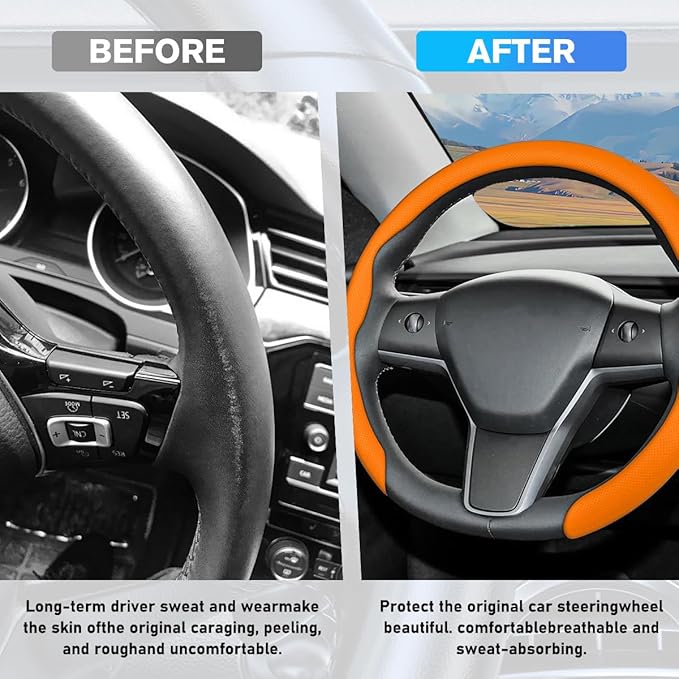 Car Nappa Leather Steering Wheel Cover, 15" Fashionable 5D Anti-Slip Vehicle Steering Wheel Protector, Breathable Auto Interi