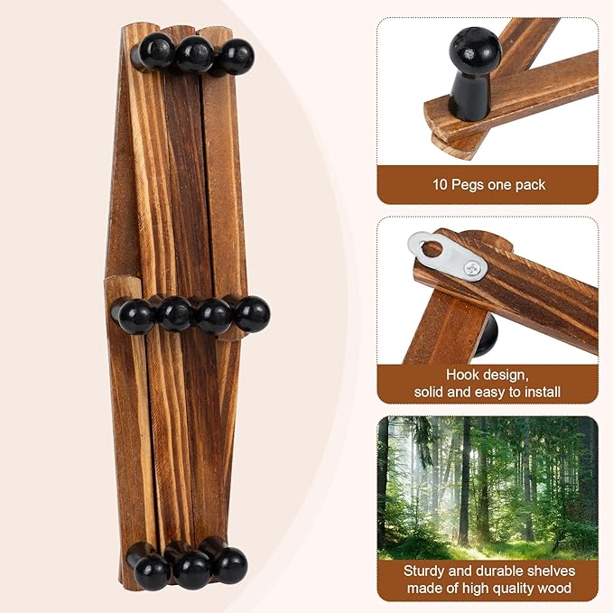 Accordion Wall Hanger, Wood Expandable Wall Mounted Hanger with 10 Hooks for Coats,Hats,Coffee Mug Ect,1 Pack Included,10 Peg