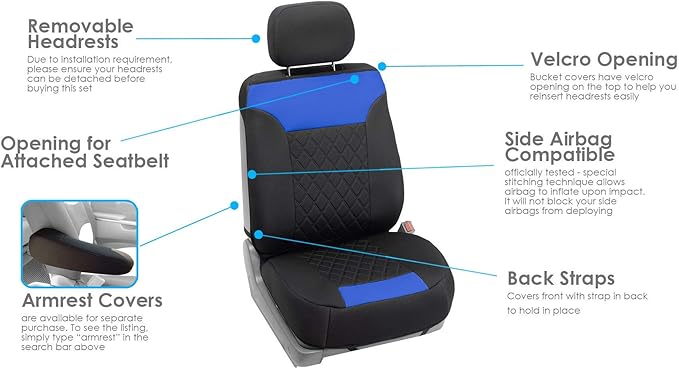 FH Group Car Seat Cover Cushion - 2 Pack Seat Covers for Cars Trucks SUV, Blue Black Neosupreme Car Seat Cushions, Car Seat C
