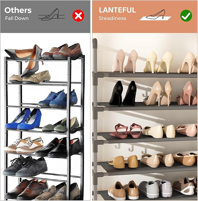 LANTEFUL Tall Shoe Rack 10 Tier Shoe Organizer Large Shoe Shelf with 18 Hooks Storage for 50 Pair Sneaker and Boot, Stackable