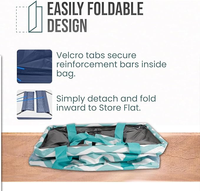 Extra Large Utility Tote Bag - Oversized Collapsible Tote with Wire Frame, Durable Reusable for Beach, Groceries, Laundry, Car Trunk, Storage and Travel - Includes 5x7 Bag with Hook - Chevron Teal