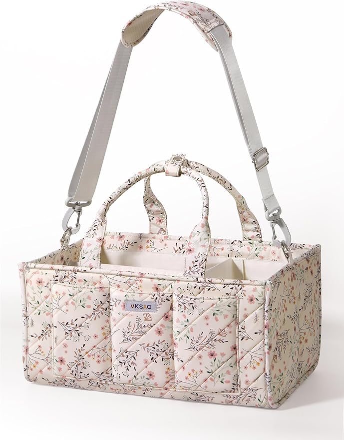 Baby Essentials Cute Floral Diaper Caddy Organizer – Portable Storage Basket with Shoulder Strap & Stroller Hooks, Splashproo