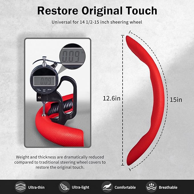 Nappa Leather Car Steering Wheel Cover for Men Women, Ultra-Thin Non-Slip Breathable Microfibre, Universal for 14.5"-15" Stee